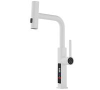 Waterfall Kitchen Faucet Led Digital Temperature Display, Kitchen Faucet with Pull Down Sprayer, with Rotary Adjustment Button (Color : White, Size : 45cm)