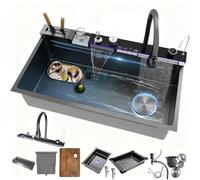 Waterfall Kitchen Sink Integrated Pull-Out Faucet with Knife Holder, Purified Water Faucet, Soap Dispenser, Smart Sink