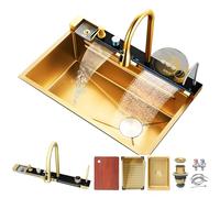 Waterfall Kitchen Sink with Pull-out Faucet Nano-Coated Single Basin LED Display Glass Rinser & Chopping Board - Large Capacity Country House Design