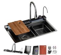 Waterfall Kitchen Sink with Pull-out Tap Nano-Coated Single Bowl LED Display Glass Rinser & Chopping Board - Large Capacity for Country House Style