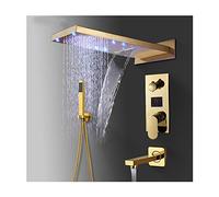 Waterfall LED Shower System Intelligent LCD Digital Control Shower Faucet Set Multifunction Gold Shower Combo Set with Shower Head, Handheld Shower, Bathtub Faucet