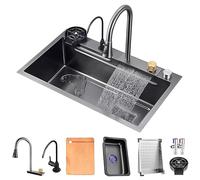 Waterfall Single Bowl Kitchen Sink with Pull-out Faucet Knob Drainage Glass Rinser Strainer & Accessories - Large 85x45x22cm for Modern Kitchens