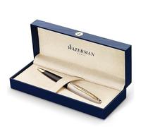 Waterman Carène Deluxe - Bolígrafo, color negro brillante y chapado en plata, clip de oro de 23 quilates, punta media con cartucho de tinta azul, estuche de regalo