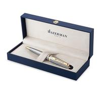 Waterman Expert bolígrafo, acero inoxidable con adorno de oro de 23 quilates, punta media con cartucho de tinta azul, estuche de regalo