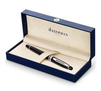 Waterman Expert rotulador roller, color negro brillante con adorno cromado, punta fina con cartucho de tinta negra, estuche de regalo