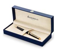 Waterman Hémisphère bolígrafo, color negro brillante con adorno de oro de 23 quilates, punta media con cartucho de tinta azul, estuche de regalo