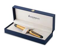Waterman Pluma estilográfica Expert | Lacado en dorado metalizado con detalles en rutenio | Plumín mediano de acero inoxidable revestido de PVD | Tinta azul | Con caja de regalo