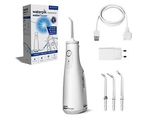 Waterpik Irrigador dental blanco, inalámbrico, elimina la placa y mejora la salud de las encías, rotación de punta de 360 grados, voltaje global, seguro para implantes, coronas y carillas, cargador