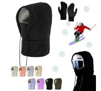 Waterproof Fleece-Lined Hood W/Drawstr, Winter Windproof Full Cover, Ski Helmet Cover, Keep Head, Neck Warm, Winter Ski Mask Hood Hat for Women Men (Black,L)