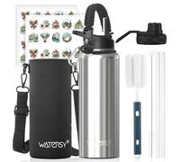 WATERSY 1.2L Botella Térmica, Botella con 2 tapas Acero Inoxidable 40oz Sin BPA, Termo de Agua con Pajita Doble Pared para Frío 48h/Calor 24h, para Gimnasio, Viajes y Deporte (Plata)