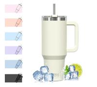 WATERSY 1182 ml Termo con Asa, Grande Taza Termica Acero Inoxidable, 40oz Taza de Café con Pajita, Termo de Agua para Frío y Caliente, Travel Mug Doble Pared, para Gimnasio, Viaje (Beige)