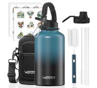WATERSY 2L Botella Térmica, Botella con 2 tapas Acero Inoxidable 40oz Sin BPA, Termo de Agua con Pajita Doble Pared para Frío 48h/Calor 24h, para Gimnasio, Viajes y Deporte (Azul/Negro)