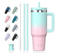 WATERSY 40oz Vaso Termico con Asa y 2 Pajita, 1.2L Termo Agua Acero Inoxidable, Taza de Viaje Termica para Frío y Caliente, Thermal Mug para Gimnasio, Oficina, Viaje (Verde-Rosa)
