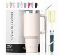 WATERSY 591 ml Vaso Termico con Pajita, Taza Termica de Acero Inoxidable, Termo Café Tapa, 20oz Taza de Café con Asa para Frío y Caliente, Travel Mug para Gimnasio, Viaje (Marfil)
