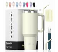 WATERSY 591 ml Vaso Termico con Pajita, Taza Termica de Acero Inoxidable, Termo Café Tapa, 20oz Taza de Café Beige con Asa para Frío y Caliente, Travel Mug para Gimnasio, Viaje