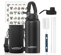WATERSY 946ml Botella Térmica, Botella con 2 tapas Acero Inoxidable 32oz Negro Sin BPA, Termo de Agua con Pajita Doble Pared para Frío 48h/Calor 24h, para Gimnasio, Viajes y Deporte