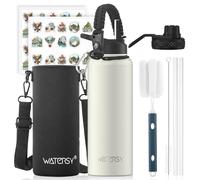 WATERSY Botella de Agua 1.2 Litros con Pajita, Botella Térmica Gym Acero Inoxidable 2 Tapas, Doble Pared Aislante, Mantiene Frío 48h/Calor 24h, Sin Fugas & Sin BPA, para Deportes, Viajes (Beige)
