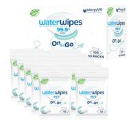WaterWipes On The Go Wipes, 100 unidades (paquete de 10), 99,9% toallitas a base de agua para viajes, deportes y para refrescar la piel, sin perfume, el envase puede variar