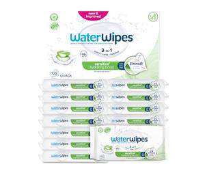 WaterWipes Sensitive+ Hydrating Boost Wipes, Toallitas Hidratantes, 720 unidades (paquete de 12), 3 en 1 Limpia, Cuida, Hidrata, 99% Agua con Aloe Vera, Toallitas sin perfume para bebés