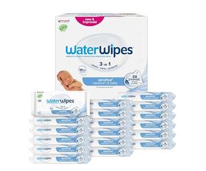 WaterWipes Sensitive+ Newborn & Baby Wipes, Toallitas Para Recién Nacidos y Bebés, 1080 unidades (paquete de 18), 3 en 1 Limpia, Cuida, Protege, 99,9% Agua, Sin perfume