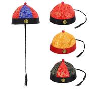 WATIIFUFU 4 Piezas Sombrero de Cosplay Dinastía Qing para Adultos Talla 9, Gorro Tradicional Chino con Trenza en Colores Rojo-azul, Rojo-negro, Amarillo con Borde Rojo y Color Ciruela,