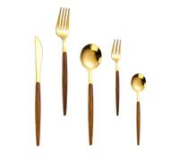 WATIIFUFU Juego De 5 Piezas De Tenedor Con Mango De Madera Cuchara Cubiertos De Viaje Cargador Dorado Platos Tenedores Y Cucharas Cubiertos Dorados Utensilios Para Servir