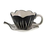WATIIFUFU Juego de Taza y Platillo de Café de Cerámica Negra con Diseño Floral 3d Pintado a Mano, Capacidad 320 Ml, Forma Tulipán y Platillo en Forma de Hoja para Desayuno y Fiesta