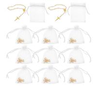 WATIIFUFU Pulsera de Rosario Católico de Perlas con Cruz de Oro Falso y Blanco, Mini Tamaño 7x9 Cm, 12 Piezas para Bautizo, Comunión y Recuerdos Religiosos, Joyería Cristiana para Eventos