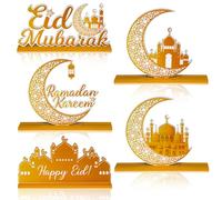 WATINC Al-Fitr - 5 centros de mesa de madera para Ramadán, decoración de mesa de Eid Mubarak, letreros de bandeja escalonada de madera Happy Ramadan Kareem, suministros de fiesta desmontables para el