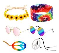 WATINC Halloween Conjunto de Traje Hippie Retro, Juego de disfraces de hippie de Halloween de 7 piezas, para Años 70 y 80 Disfraz de hippie para fiesta temática de Halloween