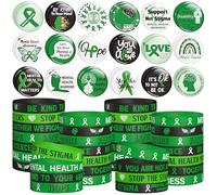 WATINC Juego de accesorios de alfileres de cinta, 72 pulseras elásticas de silicona para concienciación sobre la salud y pin de botón, pulsera motivacional con mensaje inspirador para hombres y