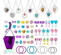 WATINC - Juego de Joyas de fantasía de Princesa Sirena de 62 Piezas para niñas pequeñas, Incluye Collares, Anillos, Pendientes, Pulseras, Bolso de Lentejuelas para Fiesta de Disfraces de Princesas