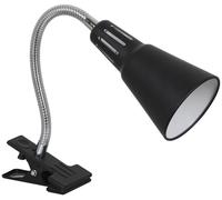 WatioWave Flexo pinza negro con bombilla E14, ideal para iluminar espacios reducidos y como soporte de lectura.