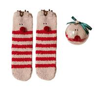 Watreketal Calcetines de Navidad de forro polar coral con bolas redondas, caja de regalo para mujer, medias térmicas gruesas y mullidas, pantuflas de Navidad, Alce a rayas, Talla única