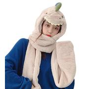 Watreketal Conjunto de bufanda con capucha y guantes de felpa gruesa 3 en 1 para mujer, diseño de dinosaurio de dibujos animados, a prueba de viento, gorra, manoplas, bufandas para hombre, beige