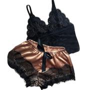 Watreketal Conjunto de pijama para mujer, sin mangas, cuello en V, camisola de encaje con lazos, pantalones cortos de seda, ropa de dormir con cintura elástica, conjunto de lencería de encaje y