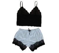Watreketal Conjunto de pijama para mujer, sin mangas, cuello en V, camisola de encaje con lazos, pantalones cortos de seda, ropa de dormir con cintura elástica, conjunto de lencería de encaje y