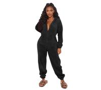 Watreketal Mono de forro polar para mujer, pijama de manga larga con orejas de oso con capucha y cremallera, mameluco de invierno cálido para dormir que ahorra tiempo, Negro, M