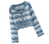 Watreketal Suéter de Punto de Crochet Ahuecado para Mujer de Moda con Botones y Manga Larga Camisa Tipo Cárdigan Corta a Rayas de Colores
