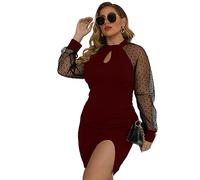 Watreketal Vestido ajustado de malla de manga larga para mujer, con abertura frontal, dobladillo dividido, vestido de cóctel de cadera para mujer, rosso, 4X-Large