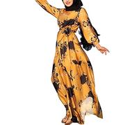 Watreketal Vestido largo de manga larga abombada para mujer, estilo vintage, estampado floral, con cinturón, cintura alta, estilo abaya, para fiesta, holgado, caftán, manga larga abombada, amarillo, L