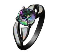 Wattana Anillo de boda topacio arcoíris místico de corte redondo, ópalo de fuego, joyería rellena de oro negro de Wat