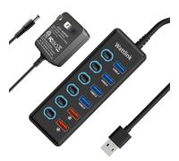 Wattlink Hub USB 3.0 alimentado, divisor de concentrador de 6 puertos con adaptador de corriente, 4 puertos de datos + 2 puertos de carga rápida QC 3.0, interruptores LED individuales, color negro