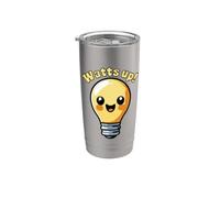 Watts Up Lindo Electricidad Bombilla Dibujos Animados Juego de palabras Electricista Vaso térmico de acero inoxidable de doble pared
