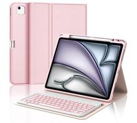 WAVATA Funda Teclado para iPad Pro 12.9'', Español Ñ Tecla para iPad Pro 12.9 Pulgadas 6/5/4/3 Generación, Teclado Bluetooth Desmontable Retroiluminado para Air 13'' 2024- Rosa