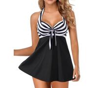 WAVDSYB Women Two Piece Swim Dress Underwire Swimsuits Push Up Tankini Halter Bathing Suit Dress with Boyshorts(Striped Swimdress,XXL)