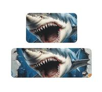 Wave Great White Shark Out Of The Sea - Juego de 2 alfombras de cocina antideslizantes de madera para cocina, antifatiga, alfombras largas para el hogar y la oficina