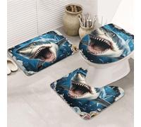 Wave Great White Shark Out Of The Sea - Juego de 3 alfombras de baño de espuma viscoelástica suave y absorbente y alfombra de inodoro en forma de U, decoración del hogar, secado rápido