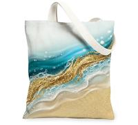 Waves - Bolsa de lona para mujer, diseño de burbujas costeras de verano, color verde azulado, lavable, reutilizable, ideas para compras, viajes, oficina, biblioteca, casual, 13 x 15 pulgadas