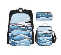 Waves Lapping at The Rocks Mochila y mochila para niñas y niños con bolsa de almuerzo y estuche para lápices, juego de 3 piezas para senderismo, escuela, excursiones, Black, Talla única